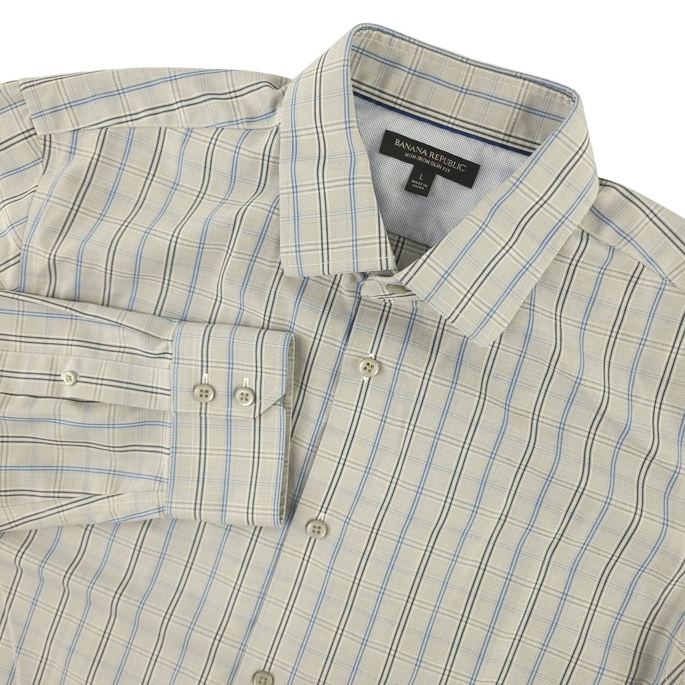 Banana Republic Dress Shirt Mens L 16-16.5 Gray Check Slim Fit Non Iron